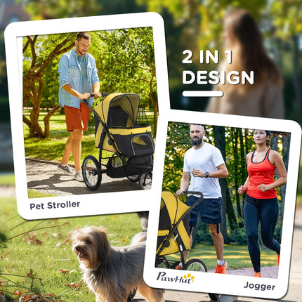 Foldable Pet Stroller Jogger for Small & Medium Dogs with Adjustable Canopy & 3 Large Wheels - Yellow