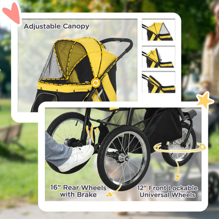 Foldable Pet Stroller Jogger for Small & Medium Dogs with Adjustable Canopy & 3 Large Wheels - Yellow