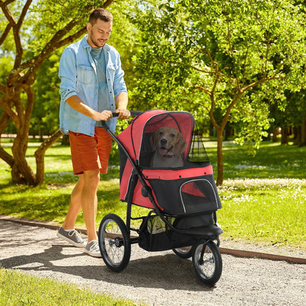 Foldable Pet Stroller Jogger for Small & Medium Dogs with Adjustable Canopy & 3 Large Wheels - Red