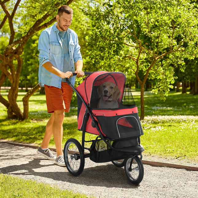 Foldable Pet Stroller Jogger for Small & Medium Dogs with Adjustable Canopy & 3 Large Wheels - Red