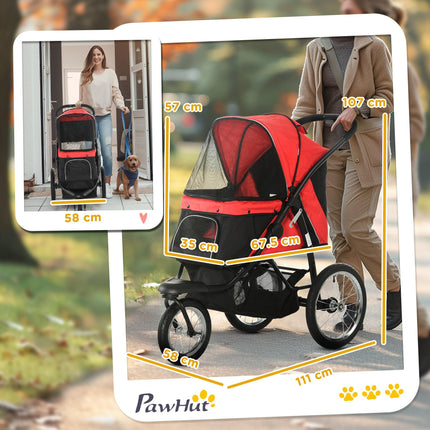 Foldable Pet Stroller Jogger for Small & Medium Dogs with Adjustable Canopy & 3 Large Wheels - Red