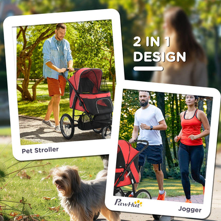 Foldable Pet Stroller Jogger for Small & Medium Dogs with Adjustable Canopy & 3 Large Wheels - Red