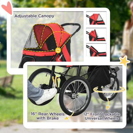 Foldable Pet Stroller Jogger for Small & Medium Dogs with Adjustable Canopy & 3 Large Wheels - Red