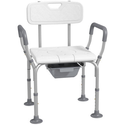 Height Adjustable Shower Stool with Arms, Back & Detachable Bucket - White