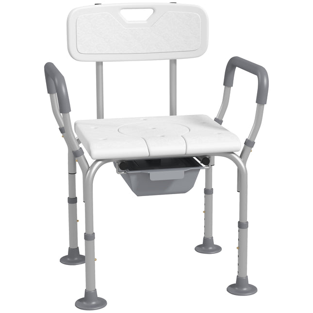 Height Adjustable Shower Stool with Arms, Back & Detachable Bucket - White