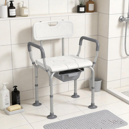 Height Adjustable Shower Stool with Arms, Back & Detachable Bucket - White
