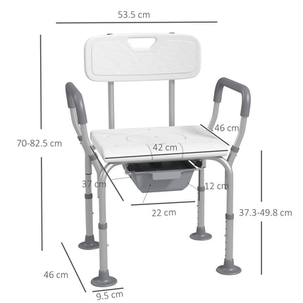 Height Adjustable Shower Stool with Arms, Back & Detachable Bucket - White