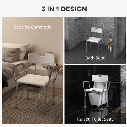 Height Adjustable Shower Stool with Arms, Back & Detachable Bucket - White