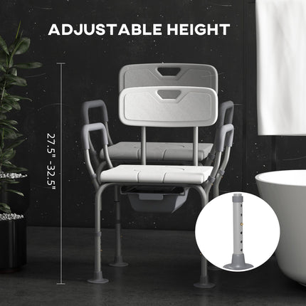 Height Adjustable Shower Stool with Arms, Back & Detachable Bucket - White