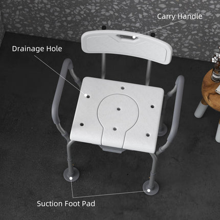 Height Adjustable Shower Stool with Arms, Back & Detachable Bucket - White