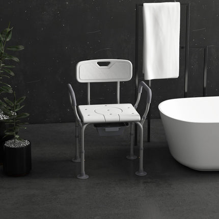 Height Adjustable Shower Stool with Arms, Back & Detachable Bucket - White