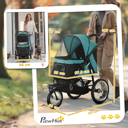 Foldable Pet Stroller Jogger for Small & Medium Dogs with Adjustable Canopy & 3 Wheels - Dark Green