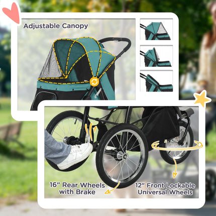 Foldable Pet Stroller Jogger for Small & Medium Dogs with Adjustable Canopy & 3 Wheels - Dark Green