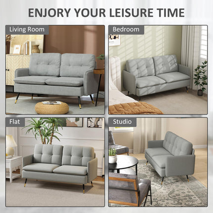 Button Tufted 2 Seater Fabric Sofa with Cushions for Living Room - Grey