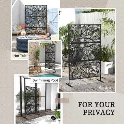Metal Decorative Outdoor Privacy Screen Divider with Leaf Design - Black