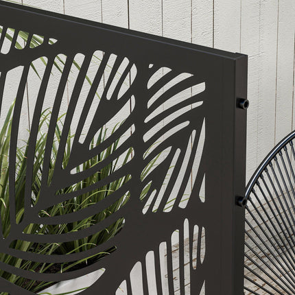 Metal Decorative Outdoor Privacy Screen Divider with Leaf Design - Black