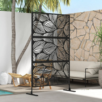 Metal Decorative Outdoor Privacy Screen Divider with Leaf Design - Black