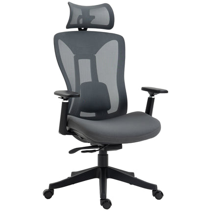Mesh Office Chair with Reclining, Adjustable Headrest, Lumbar Support & 3D Armrests - Grey