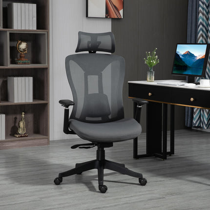 Mesh Office Chair with Reclining, Adjustable Headrest, Lumbar Support & 3D Armrests - Grey