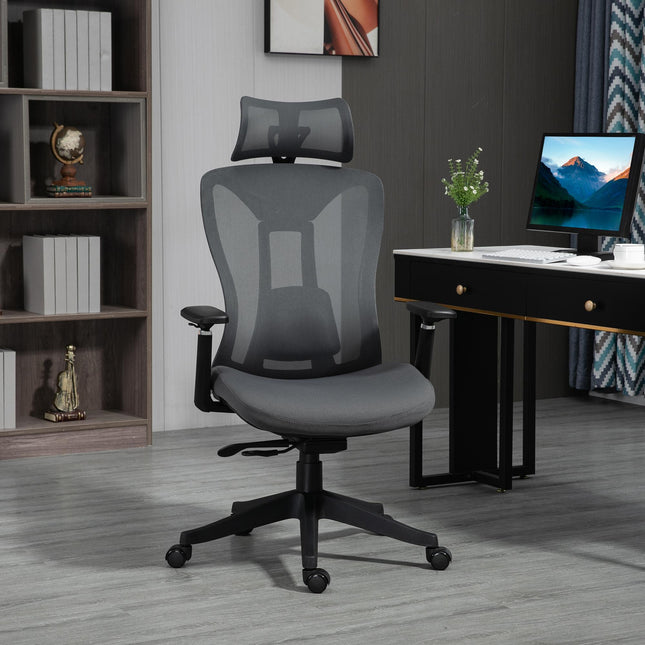 Mesh Office Chair with Reclining, Adjustable Headrest, Lumbar Support & 3D Armrests - Grey