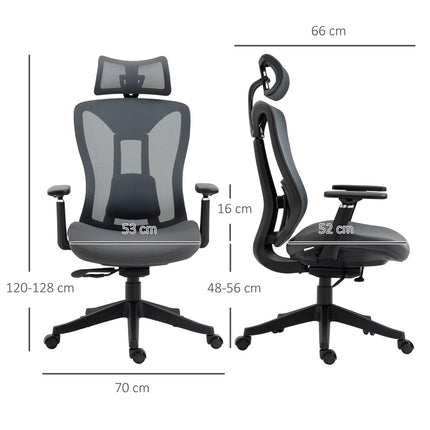 Mesh Office Chair with Reclining, Adjustable Headrest, Lumbar Support & 3D Armrests - Grey