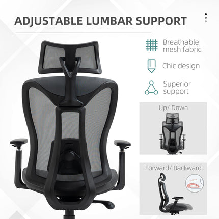 Mesh Office Chair with Reclining, Adjustable Headrest, Lumbar Support & 3D Armrests - Grey