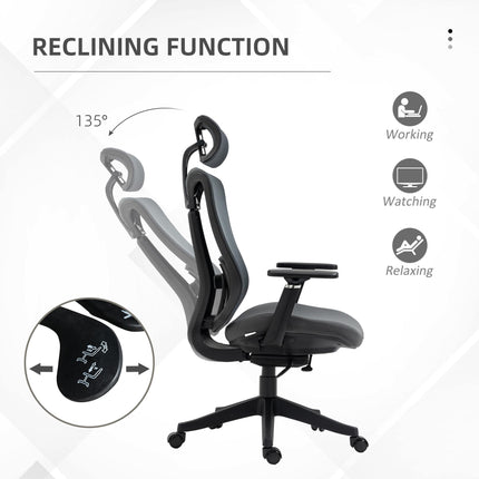 Mesh Office Chair with Reclining, Adjustable Headrest, Lumbar Support & 3D Armrests - Grey