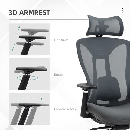 Mesh Office Chair with Reclining, Adjustable Headrest, Lumbar Support & 3D Armrests - Grey