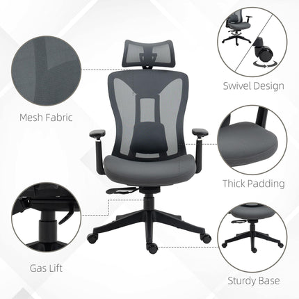 Mesh Office Chair with Reclining, Adjustable Headrest, Lumbar Support & 3D Armrests - Grey