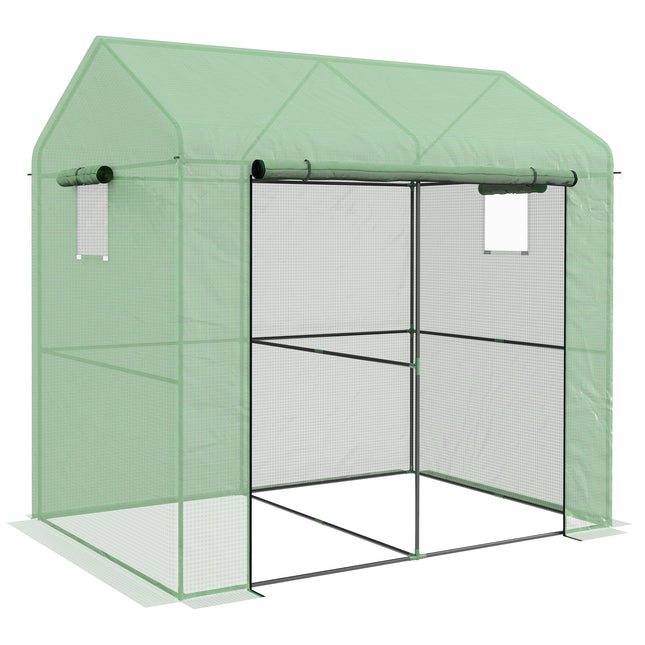 Walk-In Garden Greenhouse with Roll-Up Door and Mesh Windows 200x140x200cm - Green
