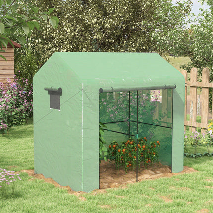 Walk-In Garden Greenhouse with Roll-Up Door and Mesh Windows 200x140x200cm - Green