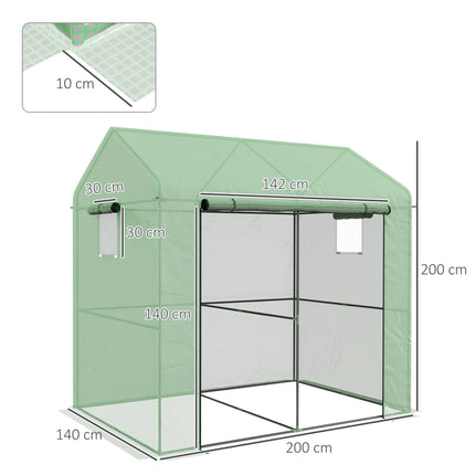 Walk-In Garden Greenhouse with Roll-Up Door and Mesh Windows 200x140x200cm - Green
