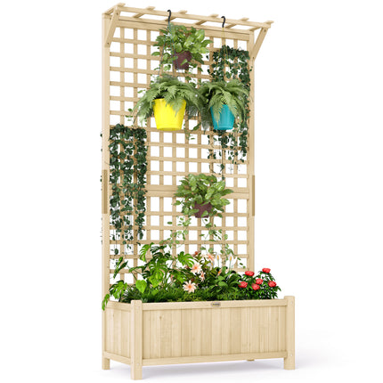 Raised Wooden Garden Bed with Trellis and Drainage Holes - Natural Finish