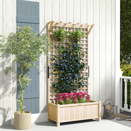 Raised Wooden Garden Bed with Trellis and Drainage Holes - Natural Finish