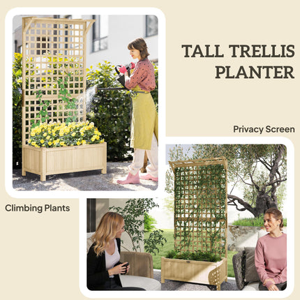 Raised Wooden Garden Bed with Trellis and Drainage Holes - Natural Finish