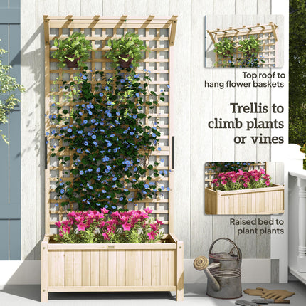 Raised Wooden Garden Bed with Trellis and Drainage Holes - Natural Finish