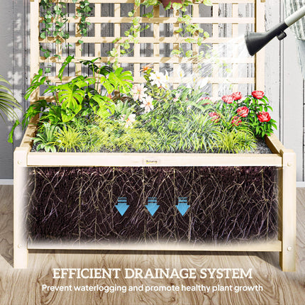 Raised Wooden Garden Bed with Trellis and Drainage Holes - Natural Finish