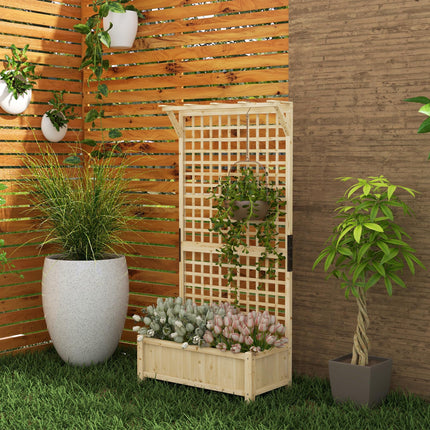 Raised Wooden Garden Bed with Trellis and Drainage Holes - Natural Finish
