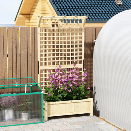 Raised Wooden Garden Bed with Trellis and Drainage Holes - Natural Finish