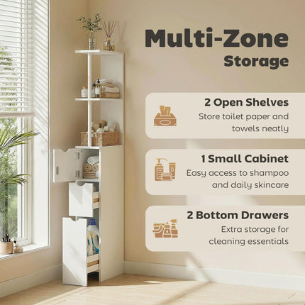 Slim Tall Bathroom Storage Cabinet with Drawers and 2-Tier Shelf - White
