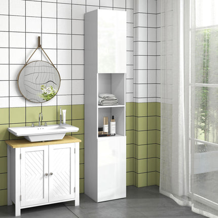 Slim Multi-Storage Bathroom Cabinet with Adjustable Shelves - High Gloss White