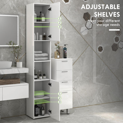 Slim Multi-Storage Bathroom Cabinet with Adjustable Shelves - High Gloss White