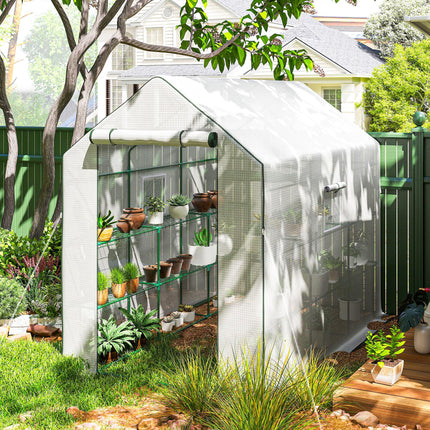 Walk-In Greenhouse with 3 Tier Shelves and PE Cover - Green