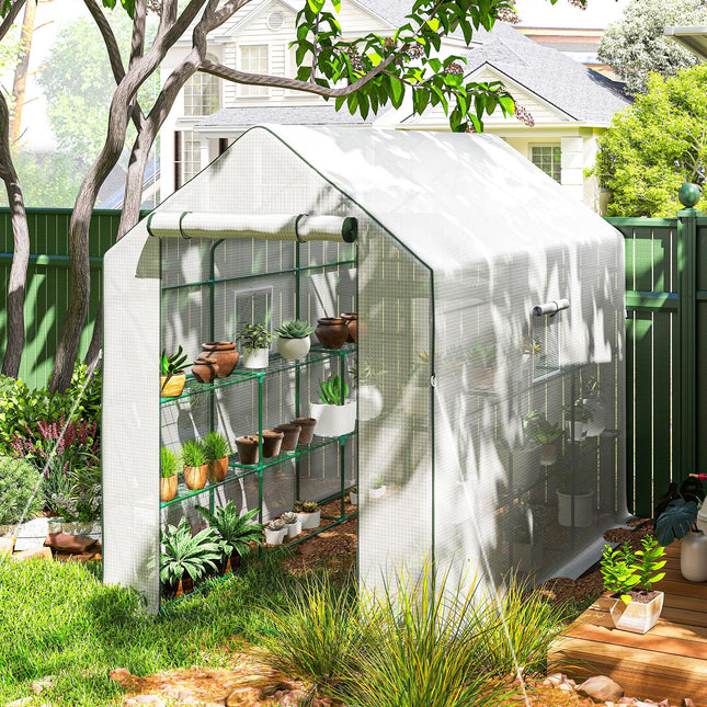 Walk-In Greenhouse with 3 Tier Shelves and PE Cover - Green