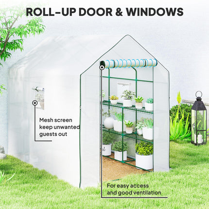 Walk-In Greenhouse with 3 Tier Shelves and PE Cover - Green