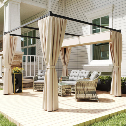 3 x 3 Metre Retractable Pergola with Curtains and Durable Metal Frame - Beige