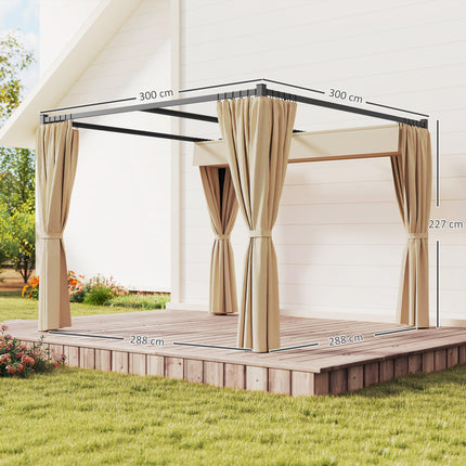 3 x 3 Metre Retractable Pergola with Curtains and Durable Metal Frame - Beige