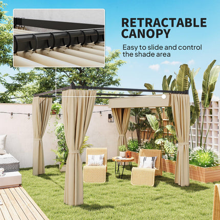 3 x 3 Metre Retractable Pergola with Curtains and Durable Metal Frame - Beige