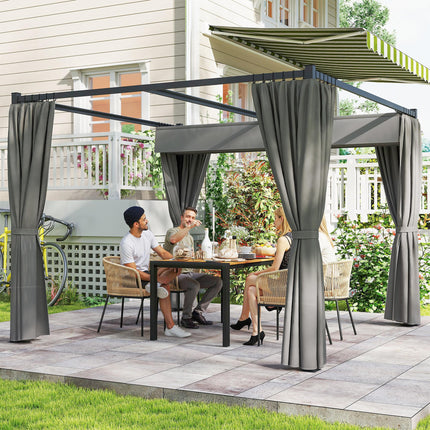3 x 3 Metre Retractable Pergola with Curtains and Metal Frame - Light Grey