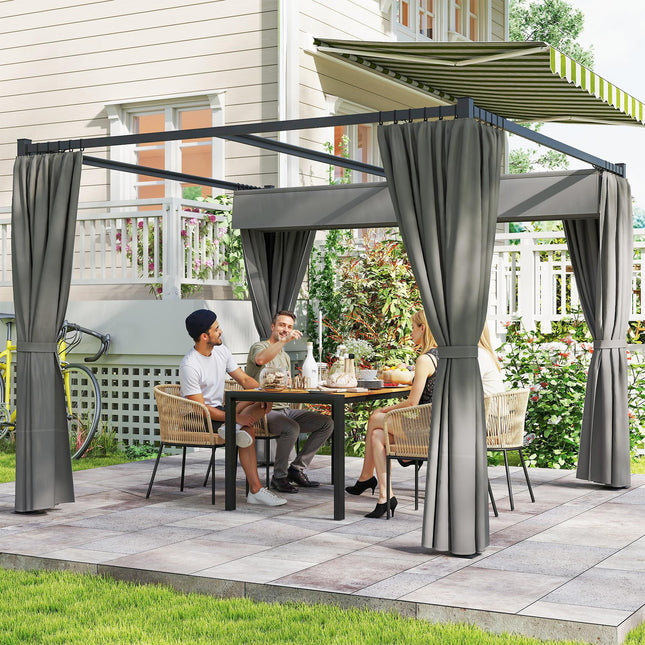 3 x 3 Metre Retractable Pergola with Curtains and Metal Frame - Light Grey